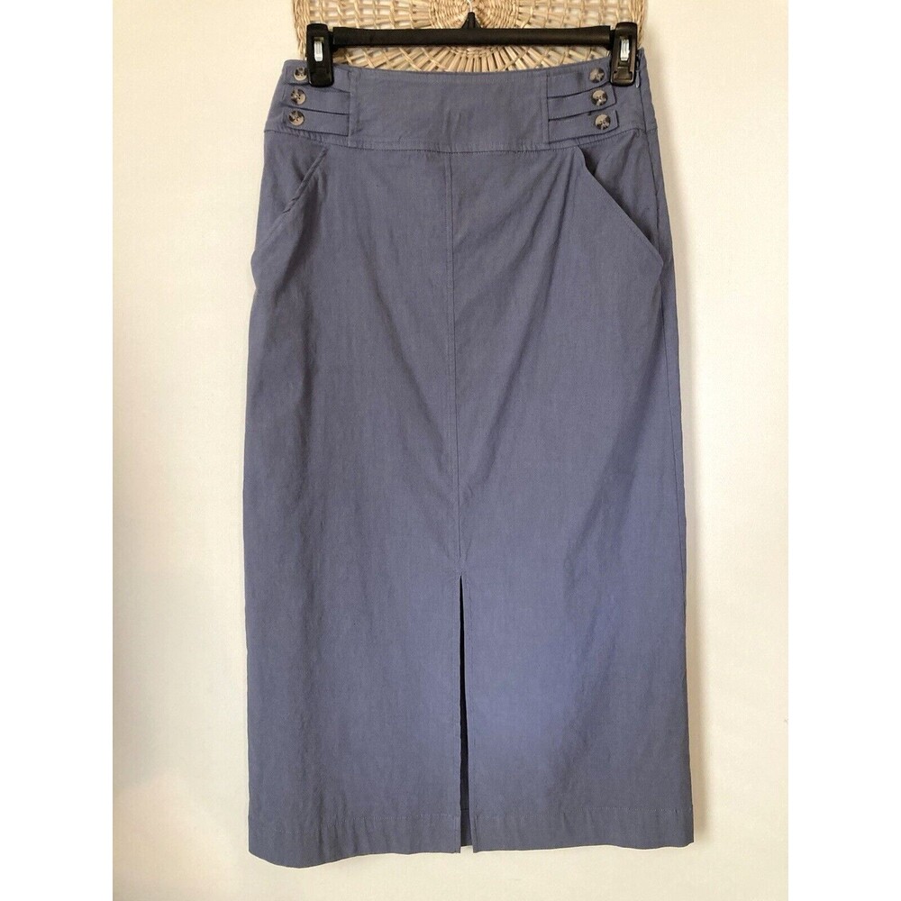 Anthropologie Pencil Skirt Size 8/10 Navy Blue Cotton Career Modest Linen Blend